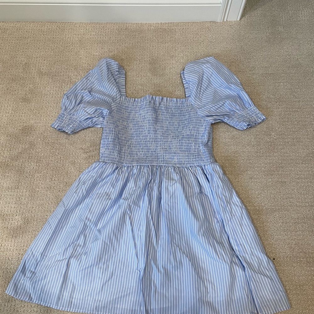 Lulus size M Blue Pinstripe Puff Sleeve Dress - Picture 4 of 4